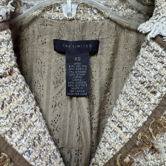 Vintage Y2K Limited Tweed Blazer Jacket XS Brown Tan Cream Cropped Frayed Hem - Picture 7 of 10